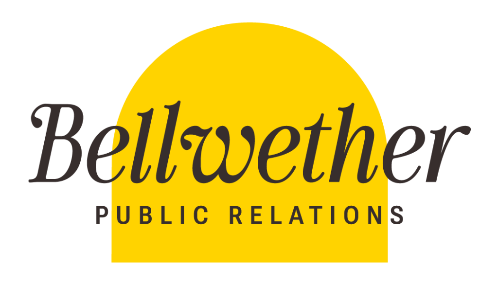 Yellow half-circle with black text: Bellwether Public Relations