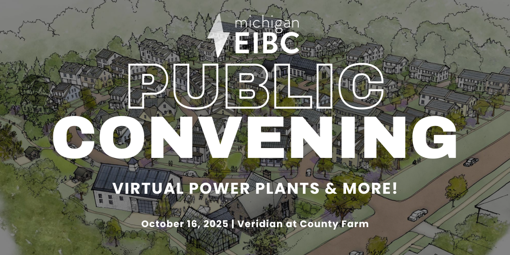 Neighborhood drawing with white letters: Public Convening Virtual Power Plants and More, October 16, 2025 at Veridian at County Farm